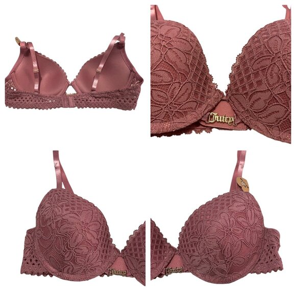 Juicy Couture 34C Pink Lace Push-Up Bra Adj Straps Sweetheart Charm Accent - Picture 5 of 16